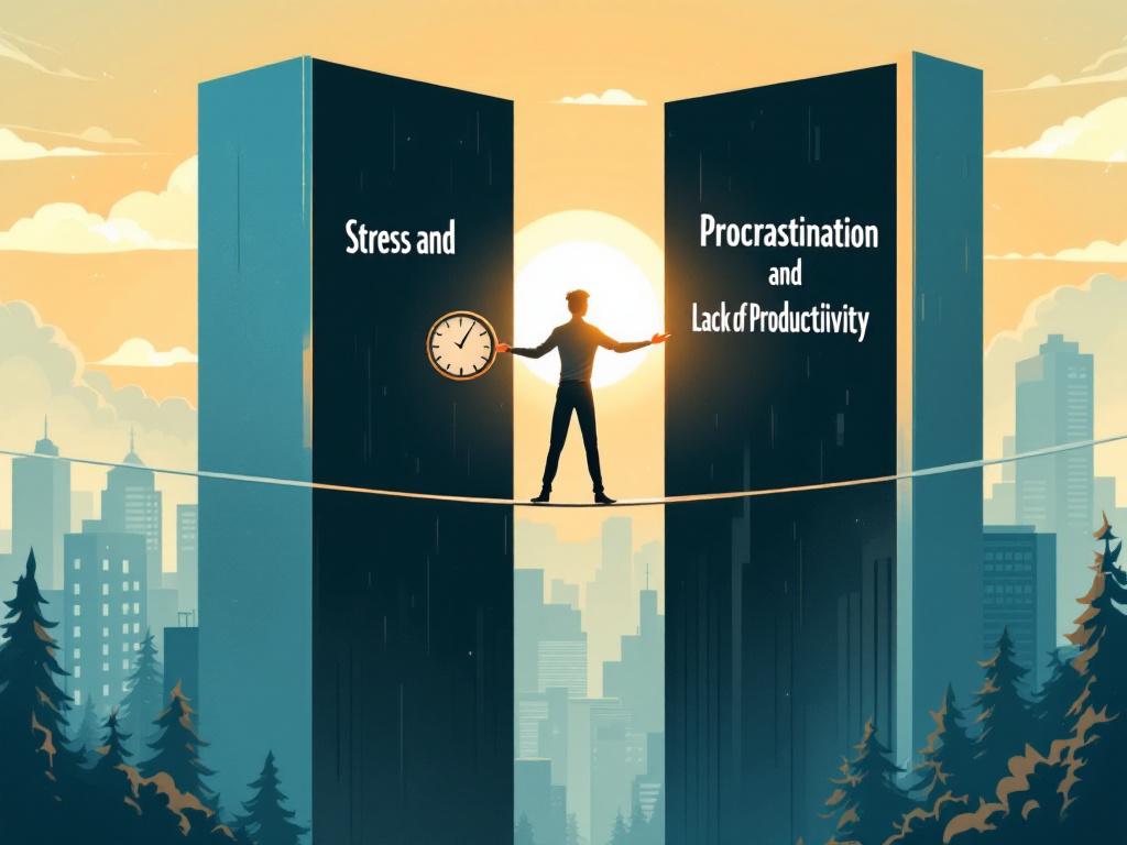Un funambule marchant sur un fil tendu entre deux gratte-ciels, représentant l'équilibre entre le stress et la procrastination dans la gestion du temps de travail.