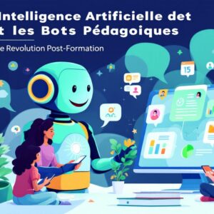 Illustration d'un chatbot pédagogique interagissant avec des apprenants sur une plateforme numérique, symbolisant l'utilisation de l'intelligence artificielle dans le soutien post-formation.