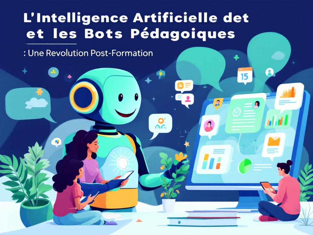 Illustration d'un chatbot pédagogique interagissant avec des apprenants sur une plateforme numérique, symbolisant l'utilisation de l'intelligence artificielle dans le soutien post-formation.