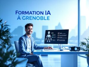 Un salarié souriant utilise une IA en entreprise à Grenoble, avec des rappels visuels sur le RGPD, le prompting (RCT, itération, décomposition) et la vérification des résultats, dans un environnement professionnel moderne et dynamique.