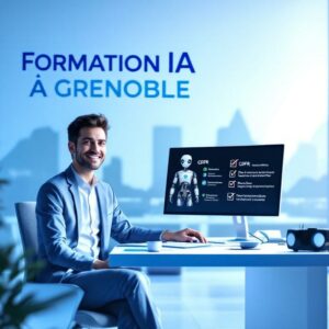 Un salarié souriant utilise une IA en entreprise à Grenoble, avec des rappels visuels sur le RGPD, le prompting (RCT, itération, décomposition) et la vérification des résultats, dans un environnement professionnel moderne et dynamique.
