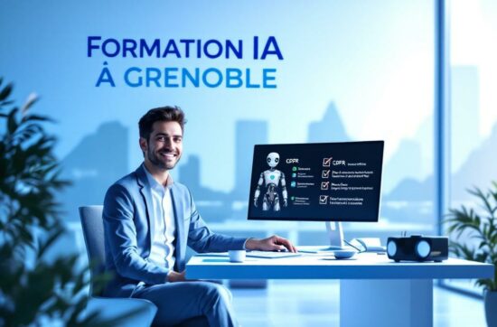 Un salarié souriant utilise une IA en entreprise à Grenoble, avec des rappels visuels sur le RGPD, le prompting (RCT, itération, décomposition) et la vérification des résultats, dans un environnement professionnel moderne et dynamique.