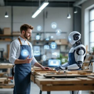 Un menuisier travaillant dans un atelier moderne avec un assistant robot représentant l'IA, affichant des images holographiques de designs de meubles.