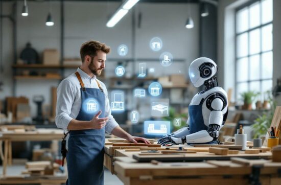 Un menuisier travaillant dans un atelier moderne avec un assistant robot représentant l'IA, affichant des images holographiques de designs de meubles.