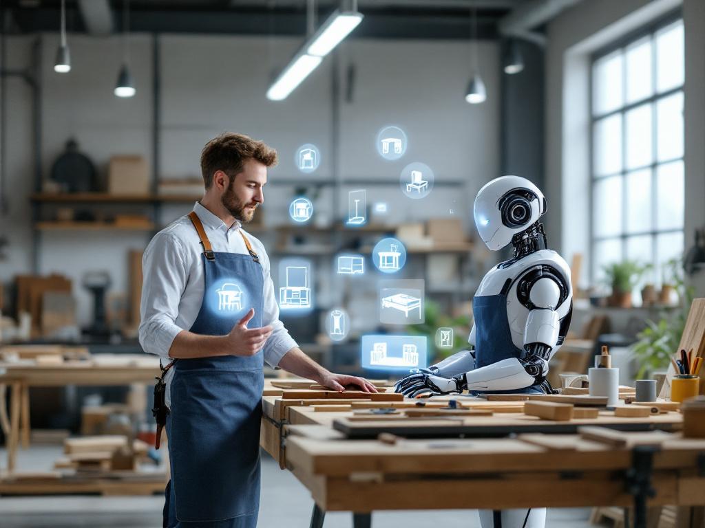 Un menuisier travaillant dans un atelier moderne avec un assistant robot représentant l'IA, affichant des images holographiques de designs de meubles.