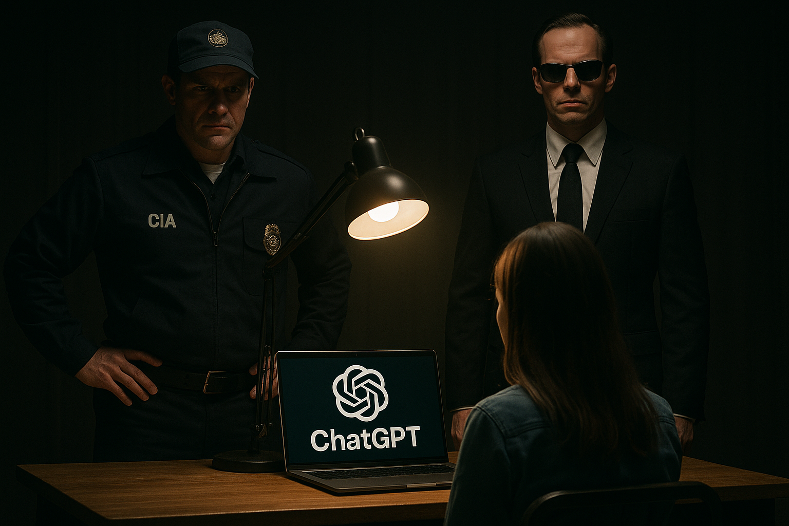 Deux agents, dont un en uniforme de la CIA et un autre type "Agent Smith", interrogent une personne devant un ordinateur affichant le logo ChatGPT, illustrant le risque lié à l’utilisation de ChatGPT confidentiel.