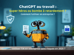 Illustration des avantages et risques de ChatGPT en entreprise, avec un robot manipulant des données et des symboles RGPD/AI Act.