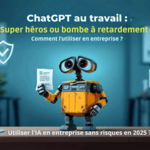 Illustration des avantages et risques de ChatGPT en entreprise, avec un robot manipulant des données et des symboles RGPD/AI Act.
