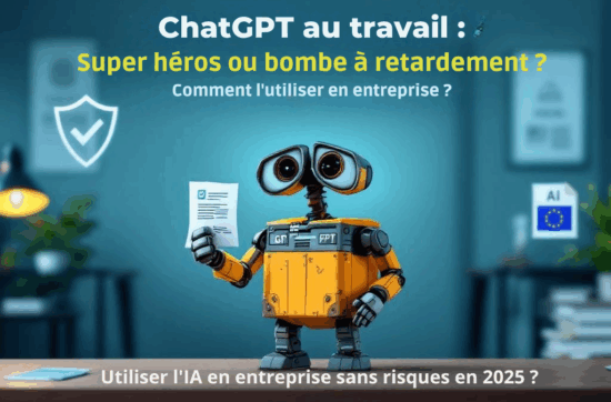 Illustration des avantages et risques de ChatGPT en entreprise, avec un robot manipulant des données et des symboles RGPD/AI Act.