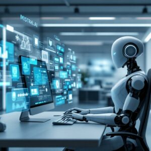Illustration futuriste et réaliste de la création d'un assistant IA avec Mistral AI, montrant un robot assistant travaillant sur un ordinateur avec des graphiques avancés et des visualisations de données.