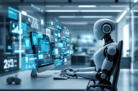 Illustration futuriste et réaliste de la création d'un assistant IA avec Mistral AI, montrant un robot assistant travaillant sur un ordinateur avec des graphiques avancés et des visualisations de données.