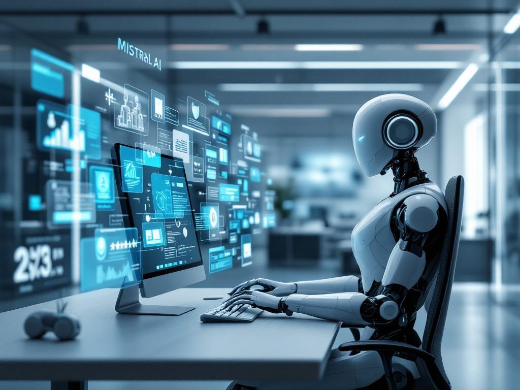 Illustration futuriste et réaliste de la création d'un assistant IA avec Mistral AI, montrant un robot assistant travaillant sur un ordinateur avec des graphiques avancés et des visualisations de données.