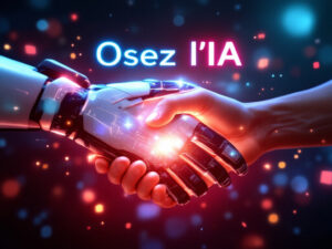 Une main robotique et une main humaine se serrent, symbolisant la collaboration entre l’humain et l’IA, avec en arrière-plan des circuits lumineux et le texte « Osez l’IA : Le Plan Gouvernemental pour Révolutionner les Entreprises ! ».