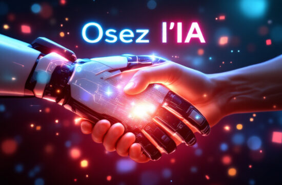 Une main robotique et une main humaine se serrent, symbolisant la collaboration entre l’humain et l’IA, avec en arrière-plan des circuits lumineux et le texte « Osez l’IA : Le Plan Gouvernemental pour Révolutionner les Entreprises ! ».