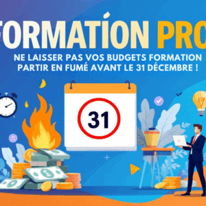 Illustration moderne d'un calendrier avec le 31 décembre encerclé en rouge, des pièces de monnaie en feu, et un professionnel déterminé tenant un ordinateur portable. L'image symbolise l'urgence d'utiliser les budgets formation avant la fin de l'année, avec des éléments visuels comme une horloge, une ampoule et une coche pour représenter l'innovation, le succès et l'action immédiate.