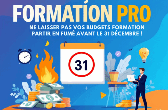 Illustration moderne d'un calendrier avec le 31 décembre encerclé en rouge, des pièces de monnaie en feu, et un professionnel déterminé tenant un ordinateur portable. L'image symbolise l'urgence d'utiliser les budgets formation avant la fin de l'année, avec des éléments visuels comme une horloge, une ampoule et une coche pour représenter l'innovation, le succès et l'action immédiate.