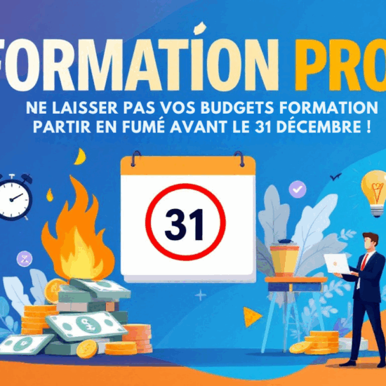 Illustration moderne d'un calendrier avec le 31 décembre encerclé en rouge, des pièces de monnaie en feu, et un professionnel déterminé tenant un ordinateur portable. L'image symbolise l'urgence d'utiliser les budgets formation avant la fin de l'année, avec des éléments visuels comme une horloge, une ampoule et une coche pour représenter l'innovation, le succès et l'action immédiate.