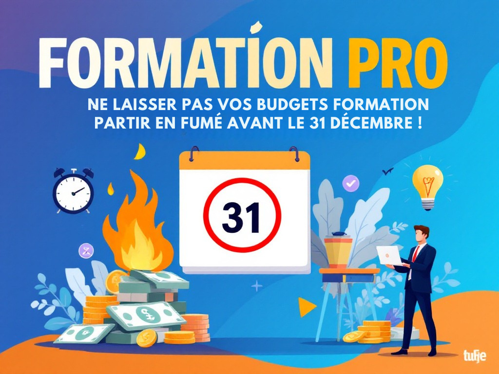 Illustration moderne d'un calendrier avec le 31 décembre encerclé en rouge, des pièces de monnaie en feu, et un professionnel déterminé tenant un ordinateur portable. L'image symbolise l'urgence d'utiliser les budgets formation avant la fin de l'année, avec des éléments visuels comme une horloge, une ampoule et une coche pour représenter l'innovation, le succès et l'action immédiate.