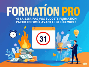 Illustration moderne d'un calendrier avec le 31 décembre encerclé en rouge, des pièces de monnaie en feu, et un professionnel déterminé tenant un ordinateur portable. L'image symbolise l'urgence d'utiliser les budgets formation avant la fin de l'année, avec des éléments visuels comme une horloge, une ampoule et une coche pour représenter l'innovation, le succès et l'action immédiate.