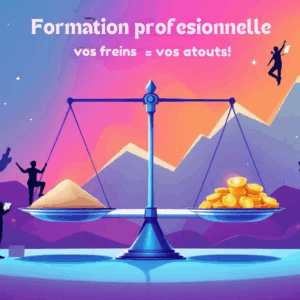 Illustration d’une balance symbolisant les freins (coût, temps, peur) et les bénéfices (productivité, innovation, fidélisation) de la formation professionnelle, avec un style moderne et dynamique.