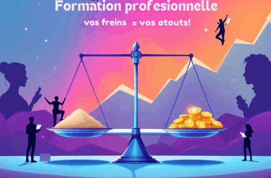 Illustration d’une balance symbolisant les freins (coût, temps, peur) et les bénéfices (productivité, innovation, fidélisation) de la formation professionnelle, avec un style moderne et dynamique.