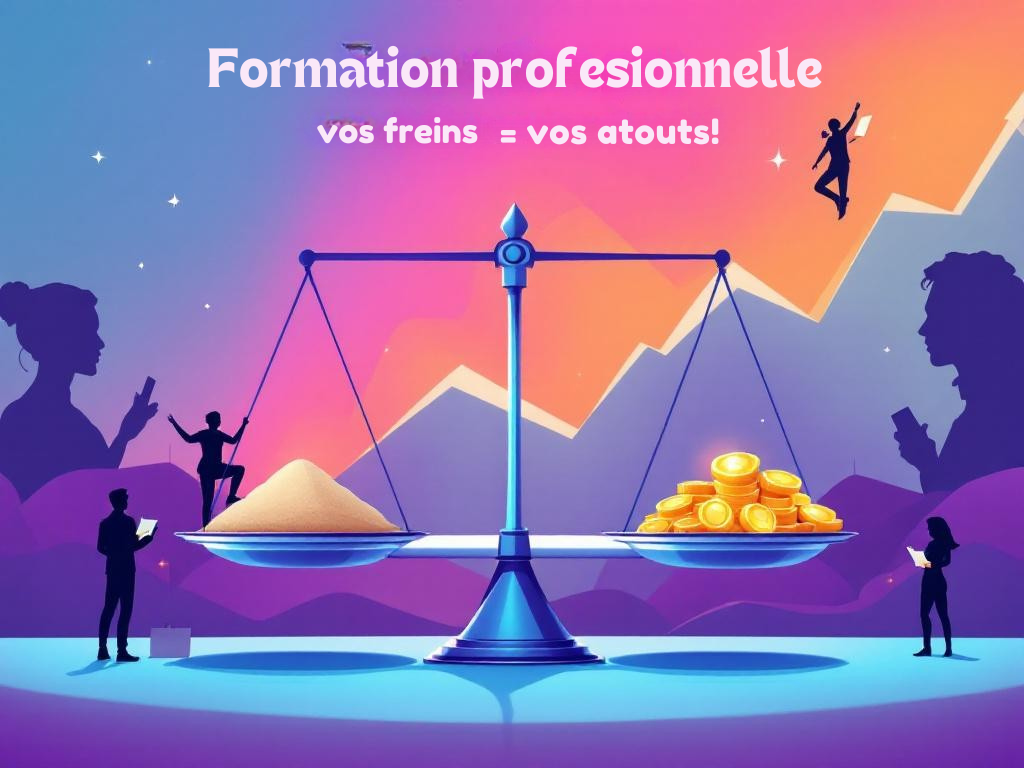 Illustration d’une balance symbolisant les freins (coût, temps, peur) et les bénéfices (productivité, innovation, fidélisation) de la formation professionnelle, avec un style moderne et dynamique.