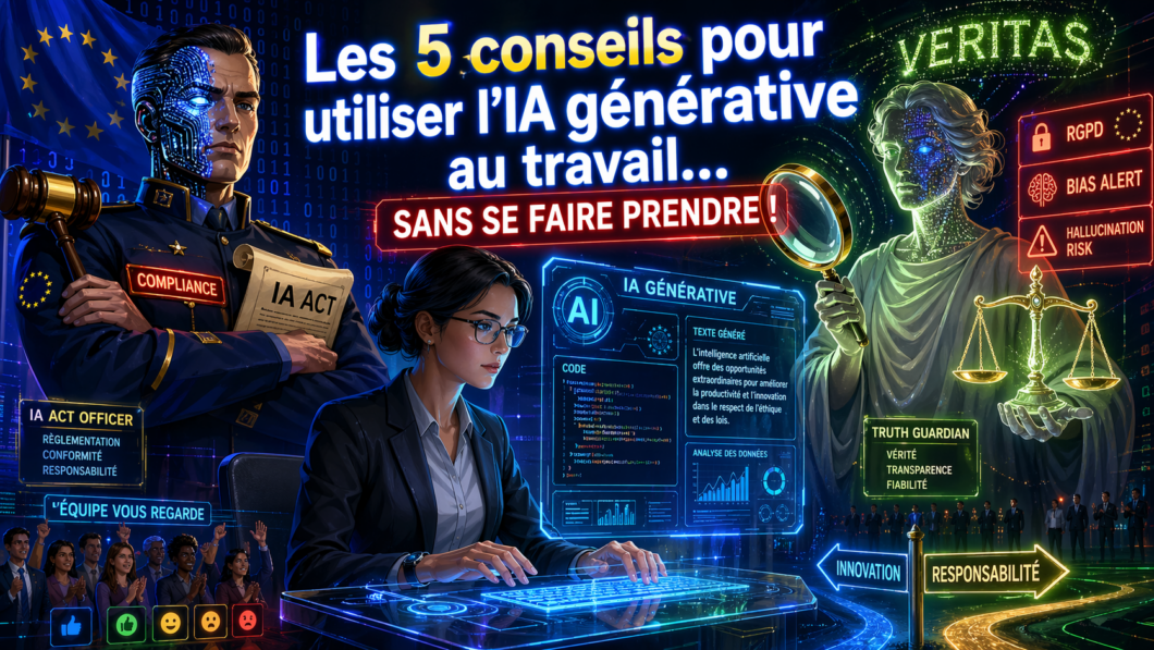 Illustration d’un bureau futuriste avec une IA générative, un employé hésitant entre l’utiliser et les risques (RGPD, biais, hallucinations). Style YouTube moderne avec effets lumineux.