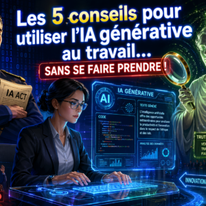 Illustration d’un bureau futuriste avec une IA générative, un employé hésitant entre l’utiliser et les risques (RGPD, biais, hallucinations). Style YouTube moderne avec effets lumineux.