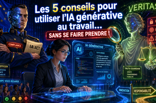 Illustration d’un bureau futuriste avec une IA générative, un employé hésitant entre l’utiliser et les risques (RGPD, biais, hallucinations). Style YouTube moderne avec effets lumineux.