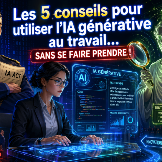 Illustration d’un bureau futuriste avec une IA générative, un employé hésitant entre l’utiliser et les risques (RGPD, biais, hallucinations). Style YouTube moderne avec effets lumineux.