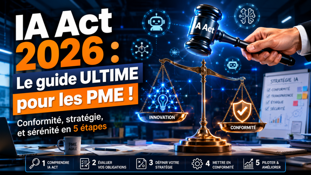 llustration d'un bureau de PME avec un marteau IA Act, une balance, et des icônes d'IA, symbolisant la conformité à la réglementation européenne sur l'intelligence artificielle pour les petites entreprises.
