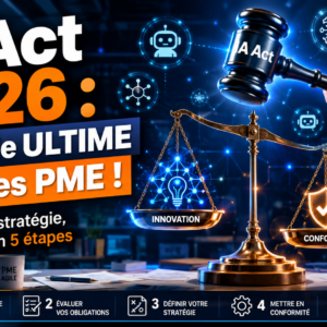 llustration d'un bureau de PME avec un marteau IA Act, une balance, et des icônes d'IA, symbolisant la conformité à la réglementation européenne sur l'intelligence artificielle pour les petites entreprises.