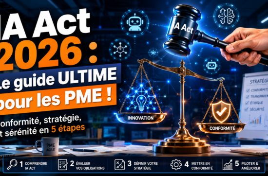 llustration d'un bureau de PME avec un marteau IA Act, une balance, et des icônes d'IA, symbolisant la conformité à la réglementation européenne sur l'intelligence artificielle pour les petites entreprises.