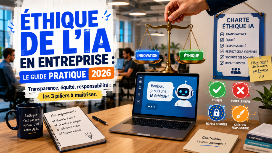 Illustration d’un bureau avec une balance, un écran de chatbot, et des icônes éthiques, symbolisant l’utilisation responsable de l’IA générative en entreprise.