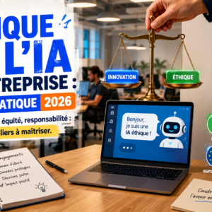Illustration d’un bureau avec une balance, un écran de chatbot, et des icônes éthiques, symbolisant l’utilisation responsable de l’IA générative en entreprise.