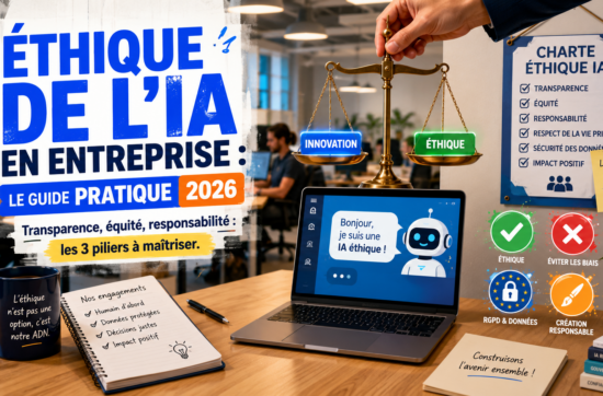 Illustration d’un bureau avec une balance, un écran de chatbot, et des icônes éthiques, symbolisant l’utilisation responsable de l’IA générative en entreprise.