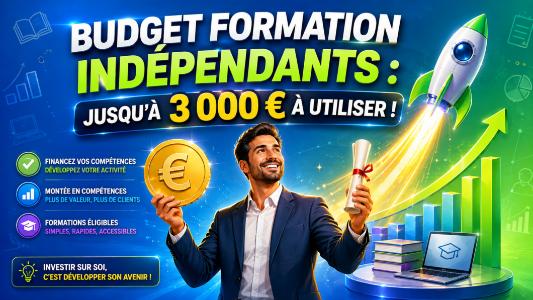 llustration d'un entrepreneur tenant une pièce de monnaie et un diplôme, avec une fusée symbolisant la croissance grâce à la formation. Titre : 'Budget Formation Indépendants : Jusqu’à 3 000 € à Utiliser !'