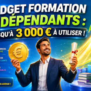 llustration d'un entrepreneur tenant une pièce de monnaie et un diplôme, avec une fusée symbolisant la croissance grâce à la formation. Titre : 'Budget Formation Indépendants : Jusqu’à 3 000 € à Utiliser !'