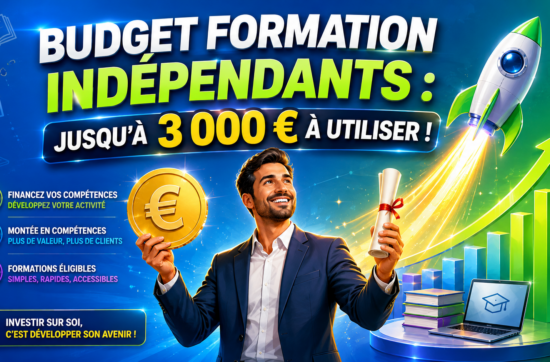 llustration d'un entrepreneur tenant une pièce de monnaie et un diplôme, avec une fusée symbolisant la croissance grâce à la formation. Titre : 'Budget Formation Indépendants : Jusqu’à 3 000 € à Utiliser !'