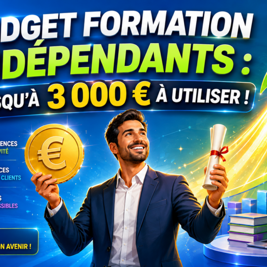 llustration d'un entrepreneur tenant une pièce de monnaie et un diplôme, avec une fusée symbolisant la croissance grâce à la formation. Titre : 'Budget Formation Indépendants : Jusqu’à 3 000 € à Utiliser !'